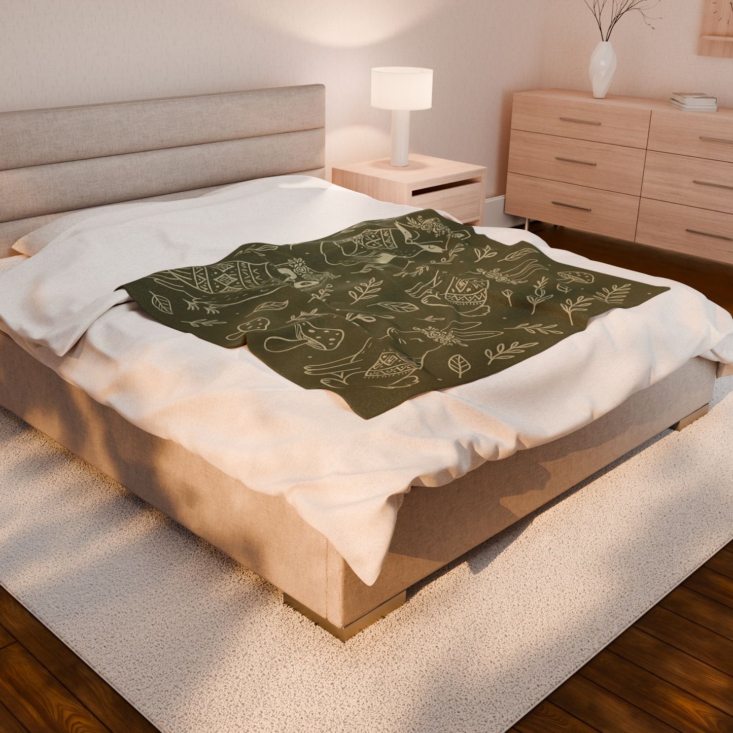 Boho Woodland Animal Velveteen Plush Blanket – Forest Green
