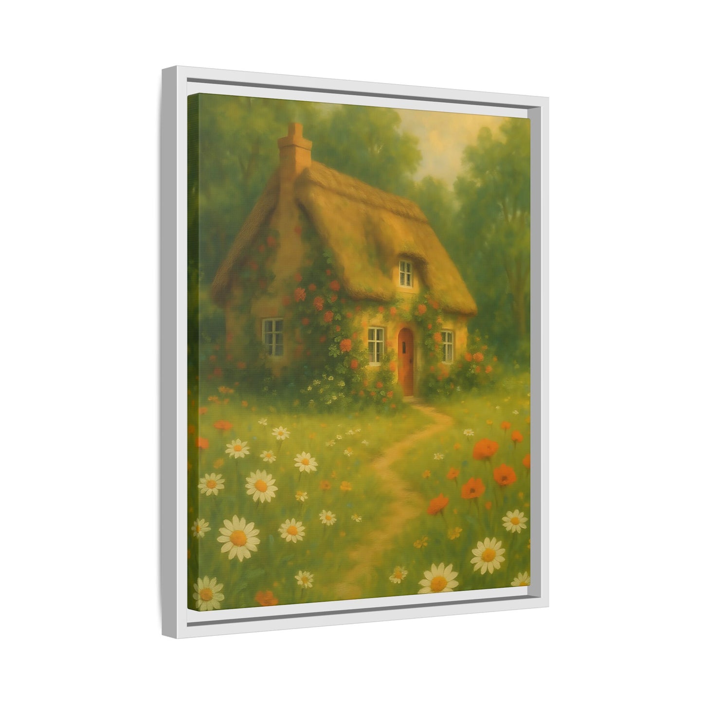 Cottage in Bloom – Framed Matte Canvas Art of Thatched Cottage & Wildflowers