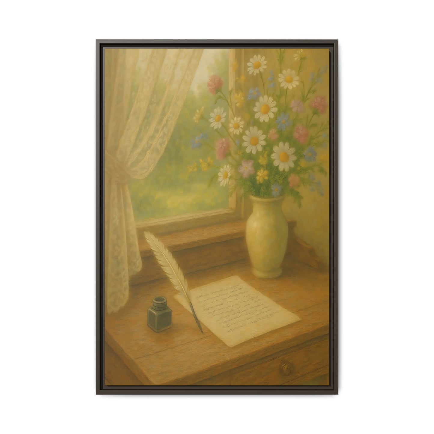 Sunlit Writing Desk – Framed Matte Canvas Art of Quill, Flowers & Lace Window