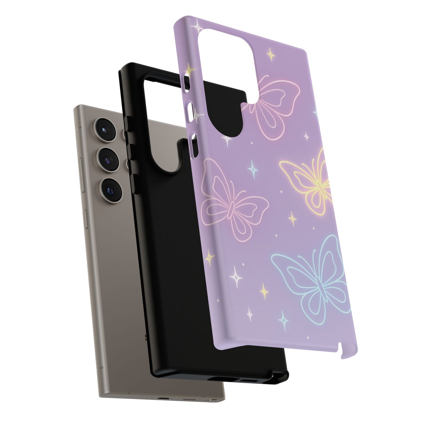 Pastel Butterfly Dream Phone Case – Purple Neon Glow with Stars