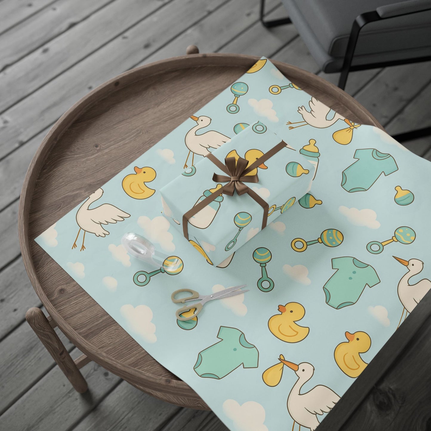 Baby Shower Wrapping Paper – Storks, Ducks & Baby Essentials on Sky Blue