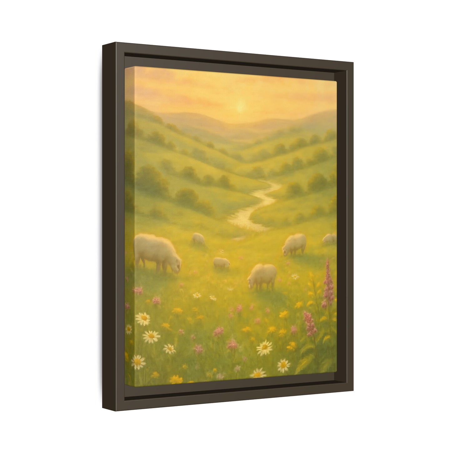 Golden Meadow Sunrise – Framed Matte Canvas Pastoral Landscape Art