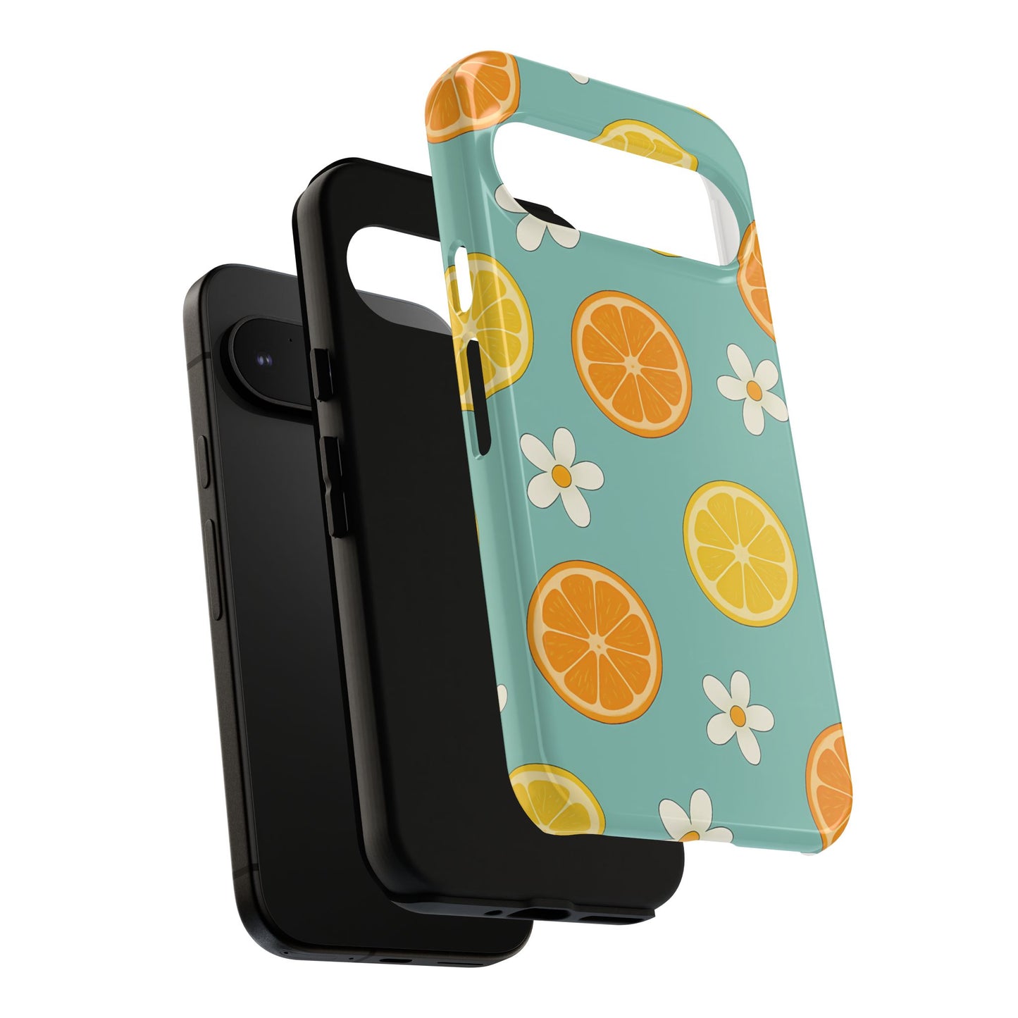 Citrus Bloom Phone Case – Orange, Lemon & Daisy Pattern on Teal
