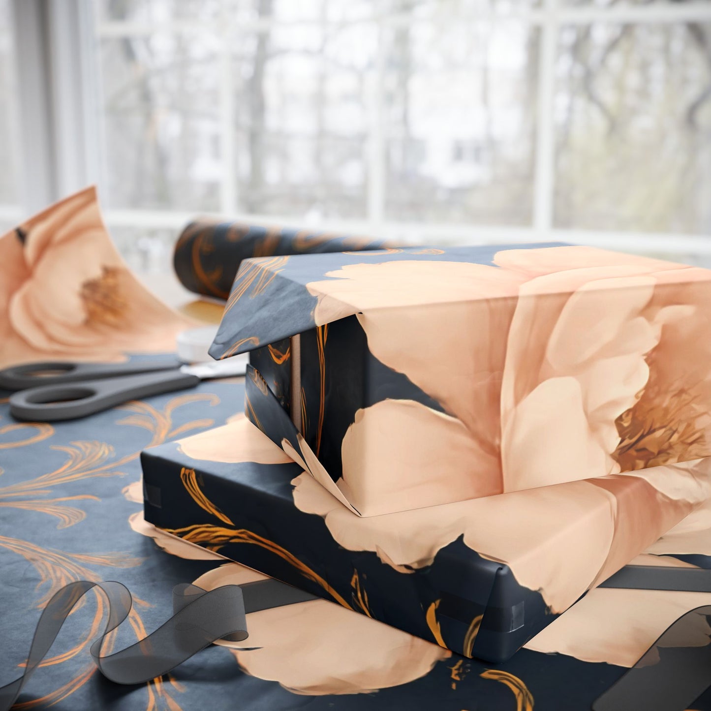 Blush Peony & Gold Scroll Wrapping Paper – Elegant Floral Gift Wrap in Glossy or Matte Finish