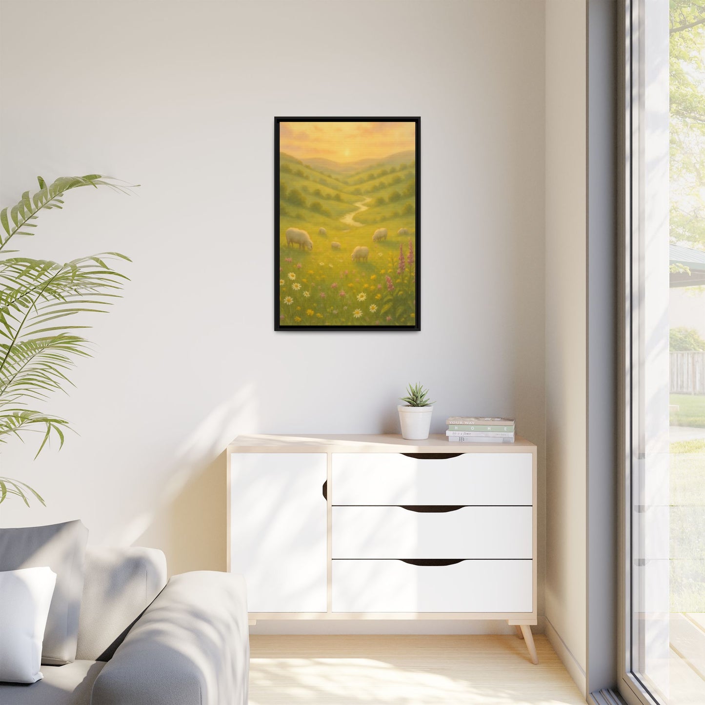 Golden Meadow Sunrise – Framed Matte Canvas Pastoral Landscape Art