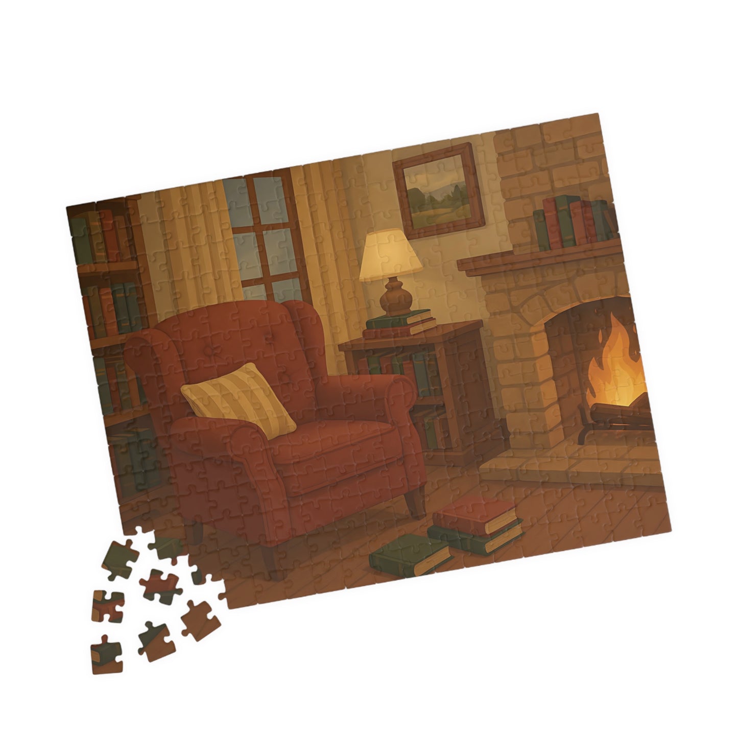 Cozy Reading Nook Jigsaw Puzzle – Fireplace & Armchair Scene