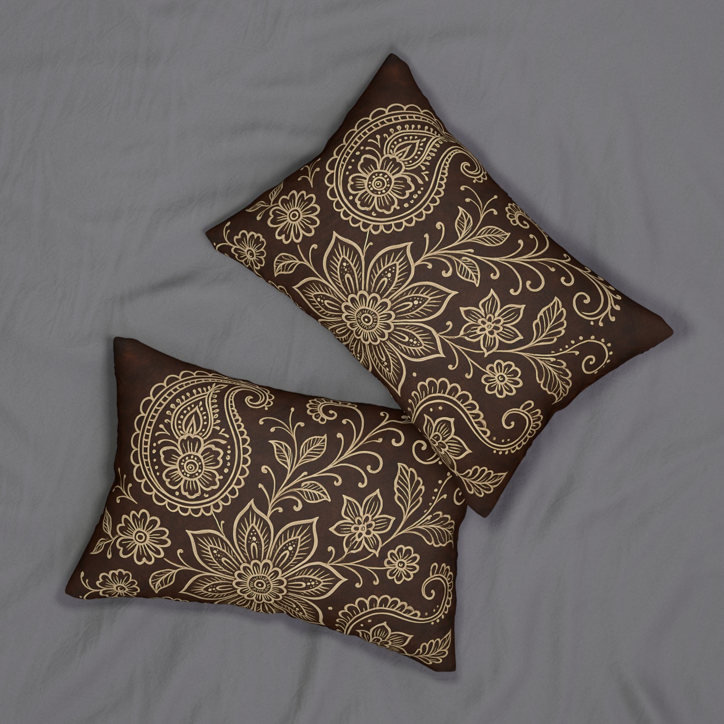 Boho Paisley Floral Lumbar Pillow – Brown & Beige Decorative Cushion