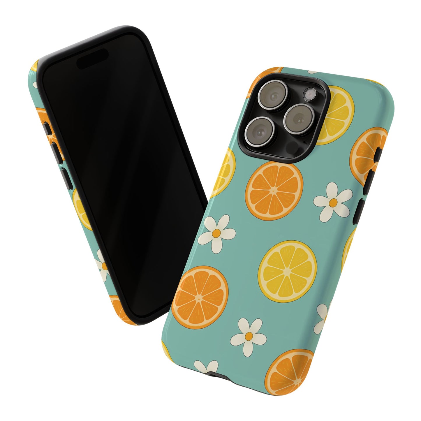 Citrus Bloom Phone Case – Orange, Lemon & Daisy Pattern on Teal