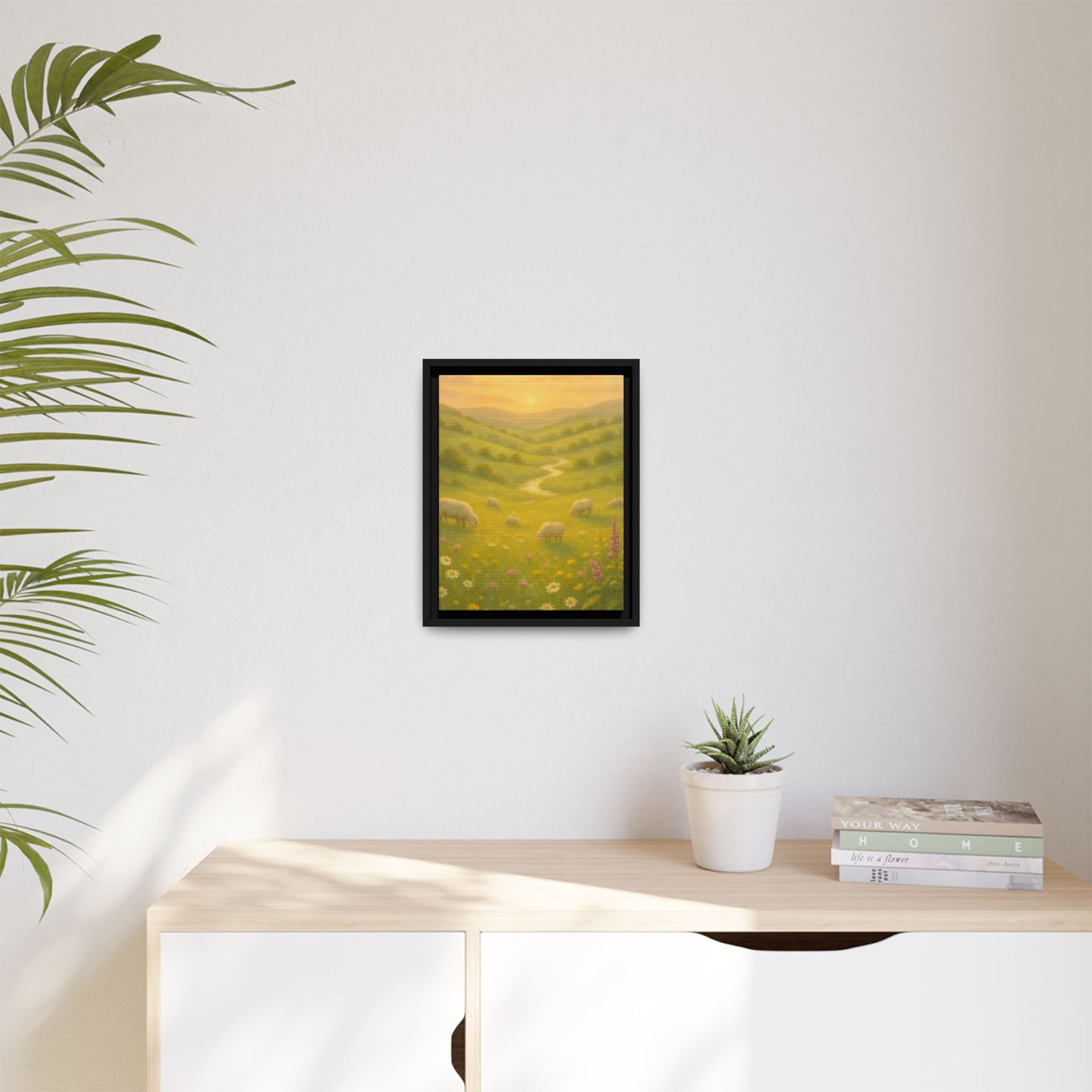 Golden Meadow Sunrise – Framed Matte Canvas Pastoral Landscape Art