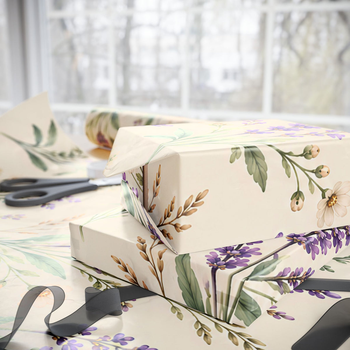 Lavender & Daisy Floral Wrapping Paper Roll — Botanical Gift Wrap for Birthdays, Weddings & Spring Celebrations