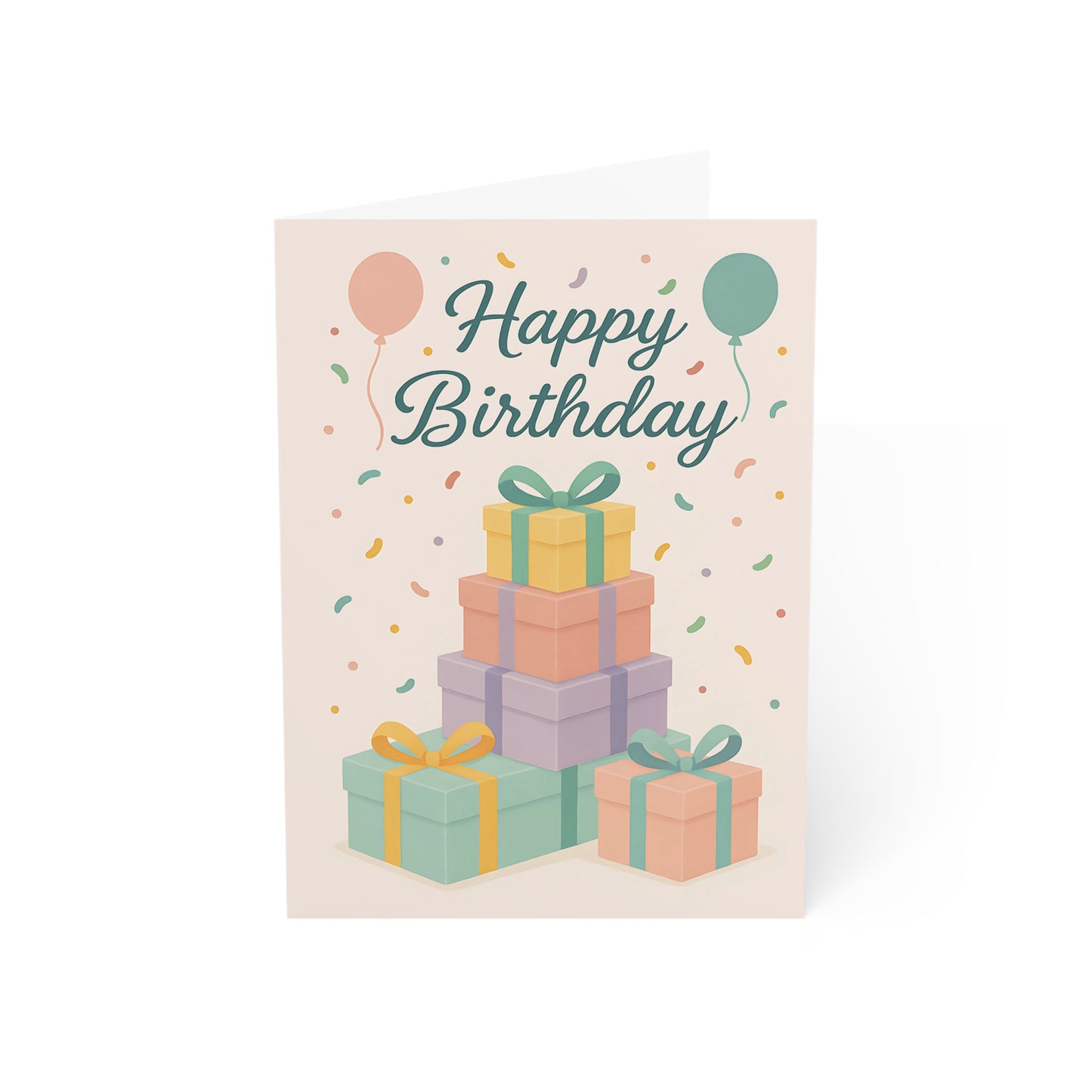 Blank Inside Happy Birthday Card with Pastel Gift Stack, Balloons & Confetti