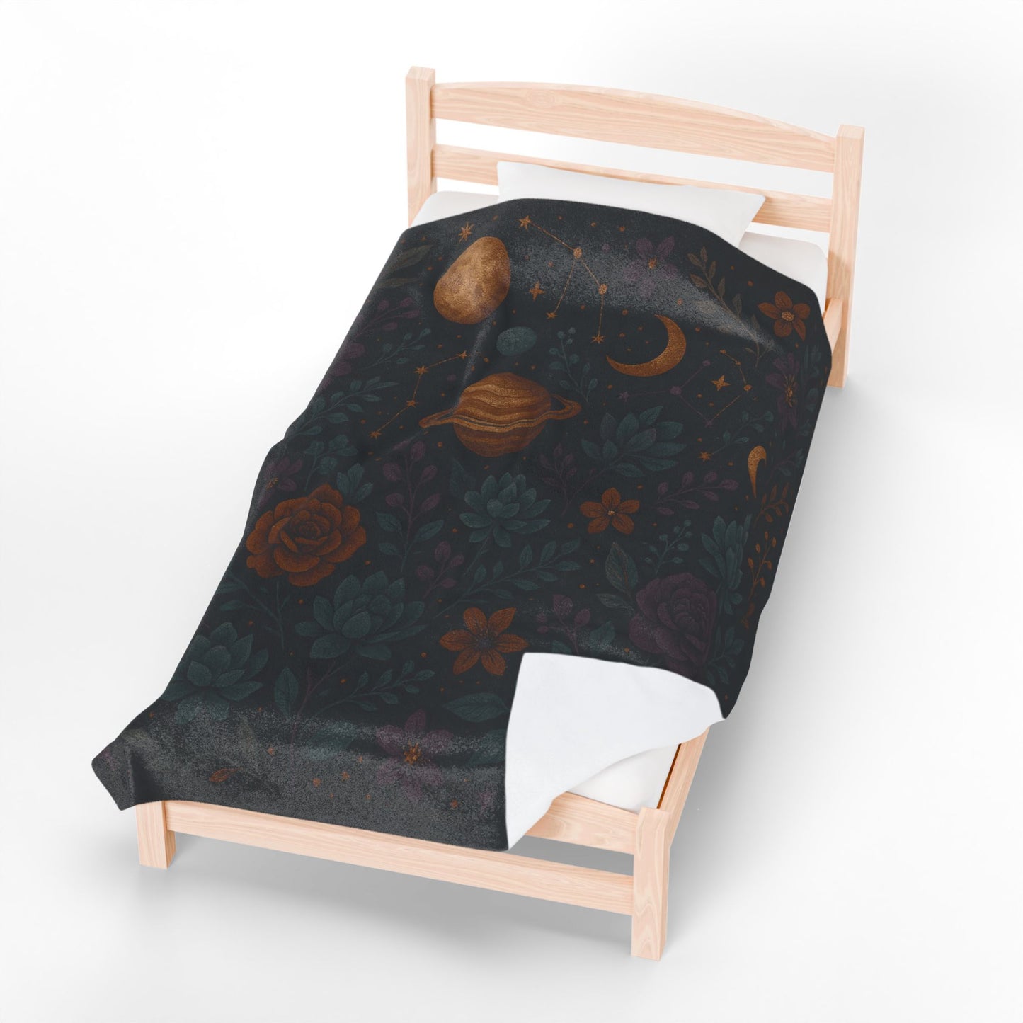 Celestial Garden Velveteen Plush Blanket – Planets, Flowers & Stars Design