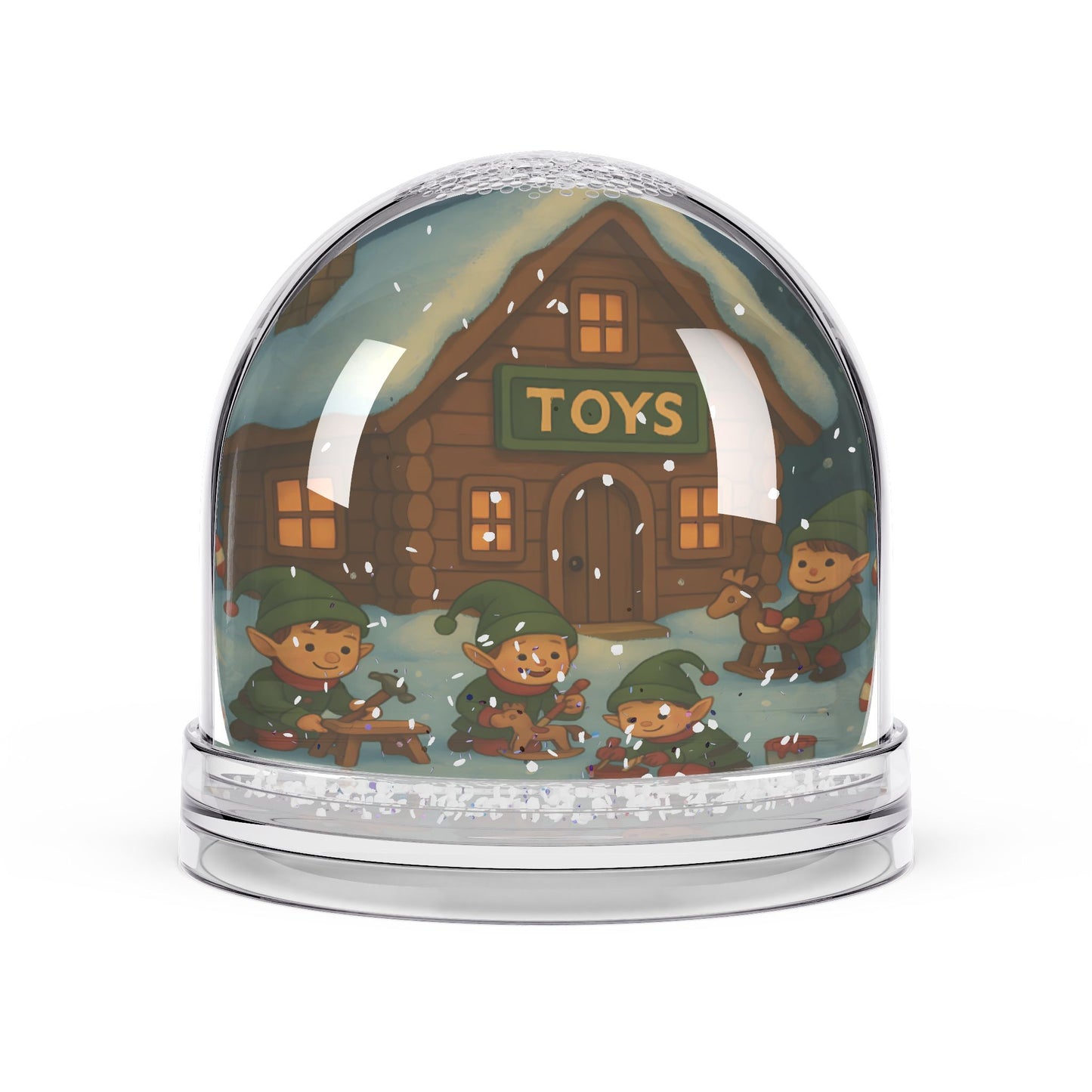 Santa’s Workshop Snow Globe – Elf Toy-Making Scene with Two-Sided Winter Design