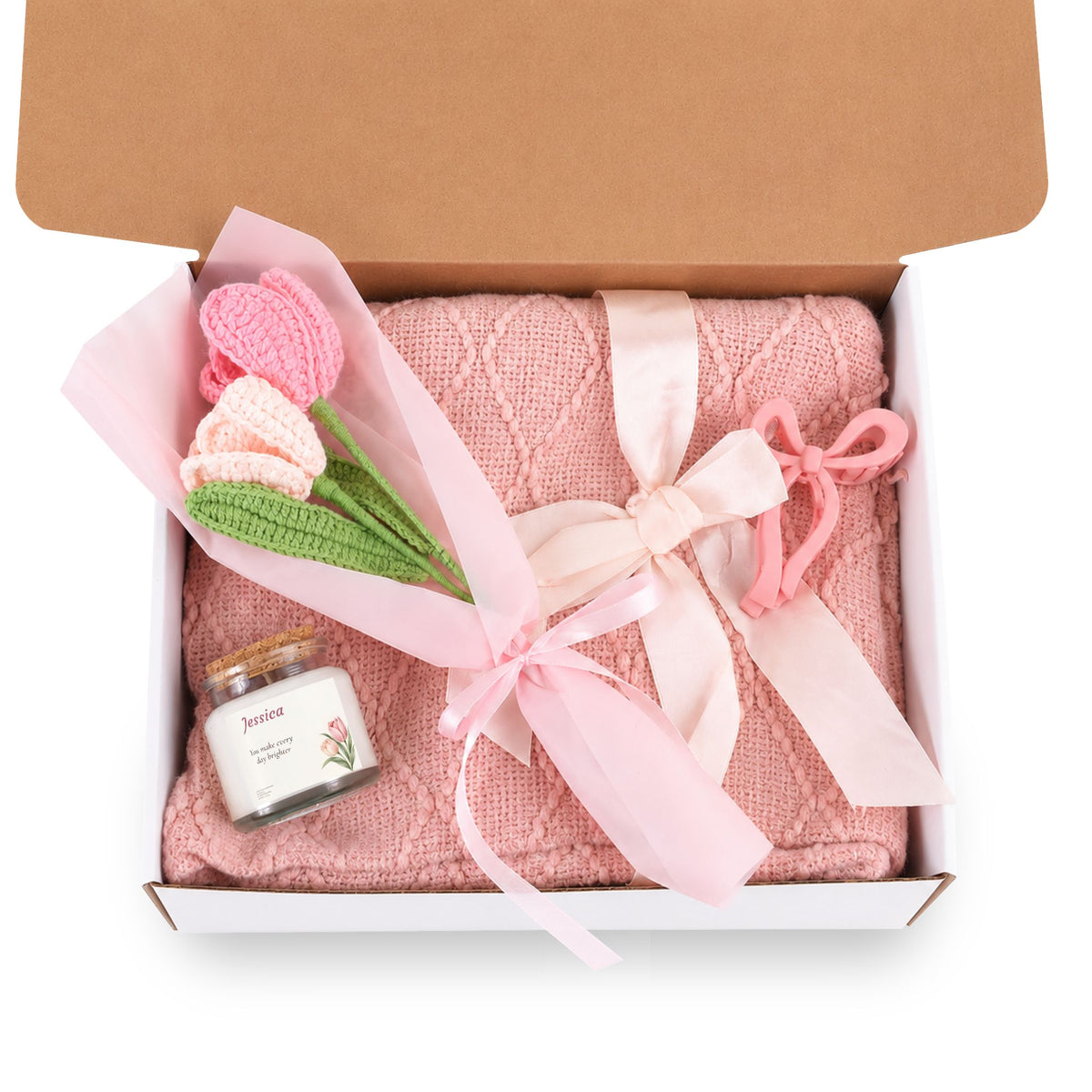 Blush & Bloom Gift Set — Personalized Candle, Cozy Pink Blanket, Crochet Flower Bouquet & Bow Clip