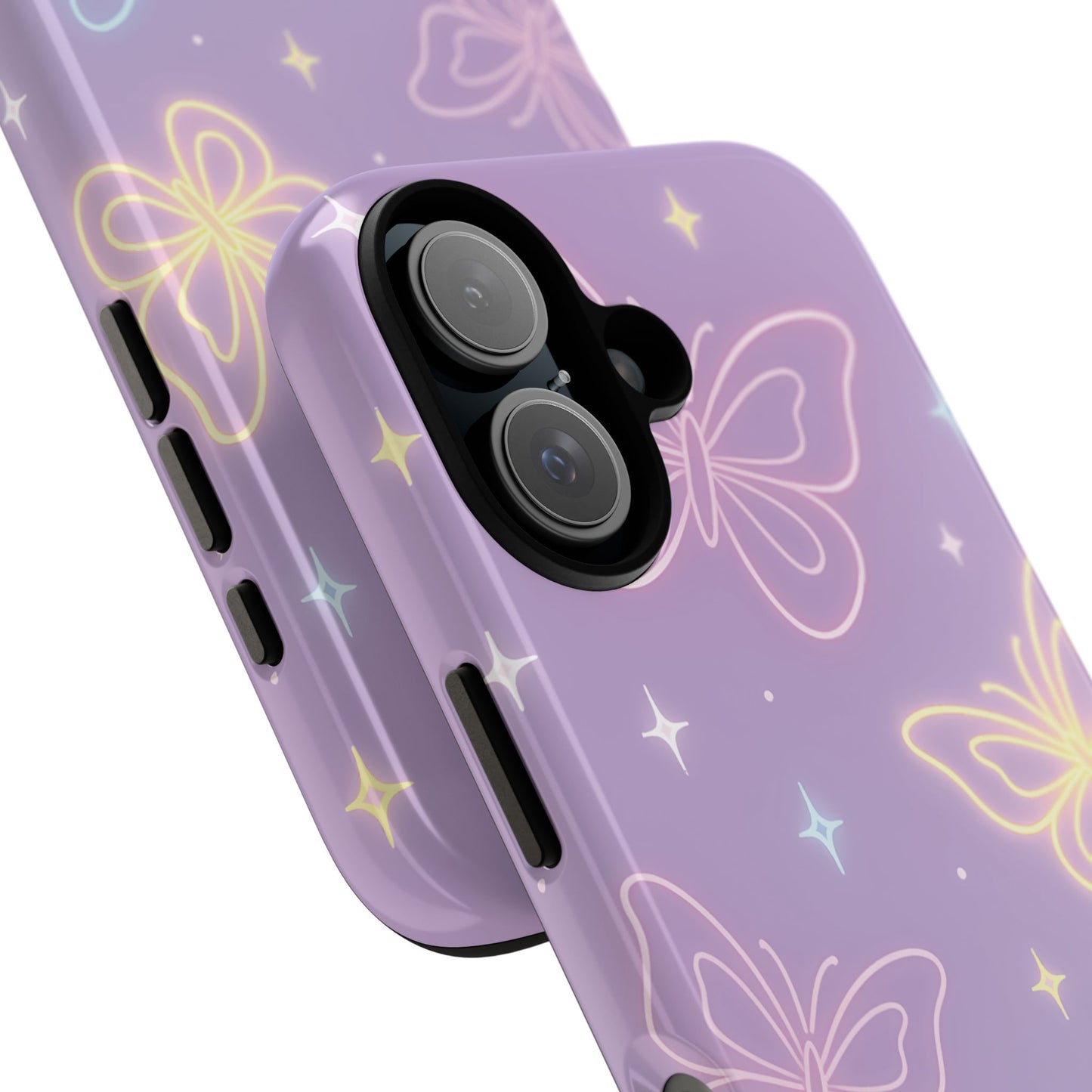 Pastel Butterfly Dream Phone Case – Purple Neon Glow with Stars