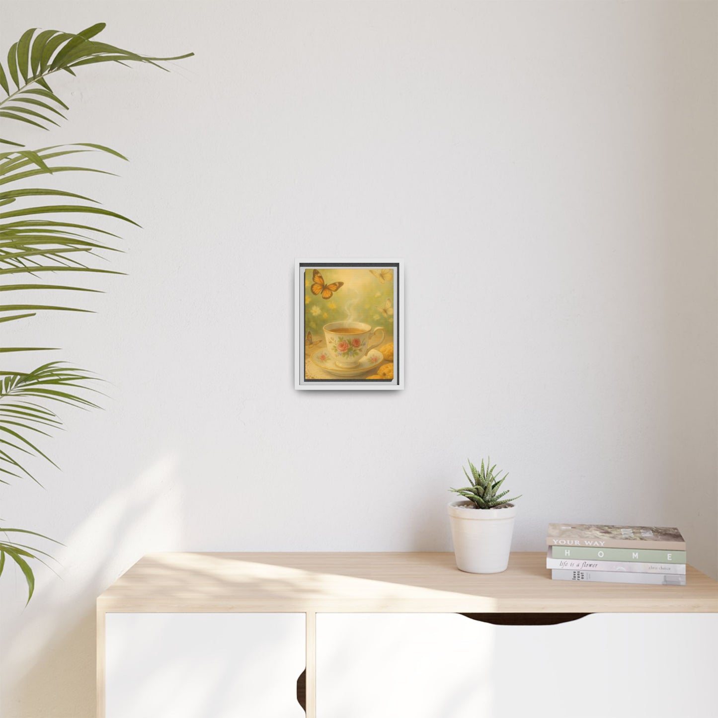 Tea & Butterflies – Framed Matte Canvas of Vintage Teacup and Garden Scene