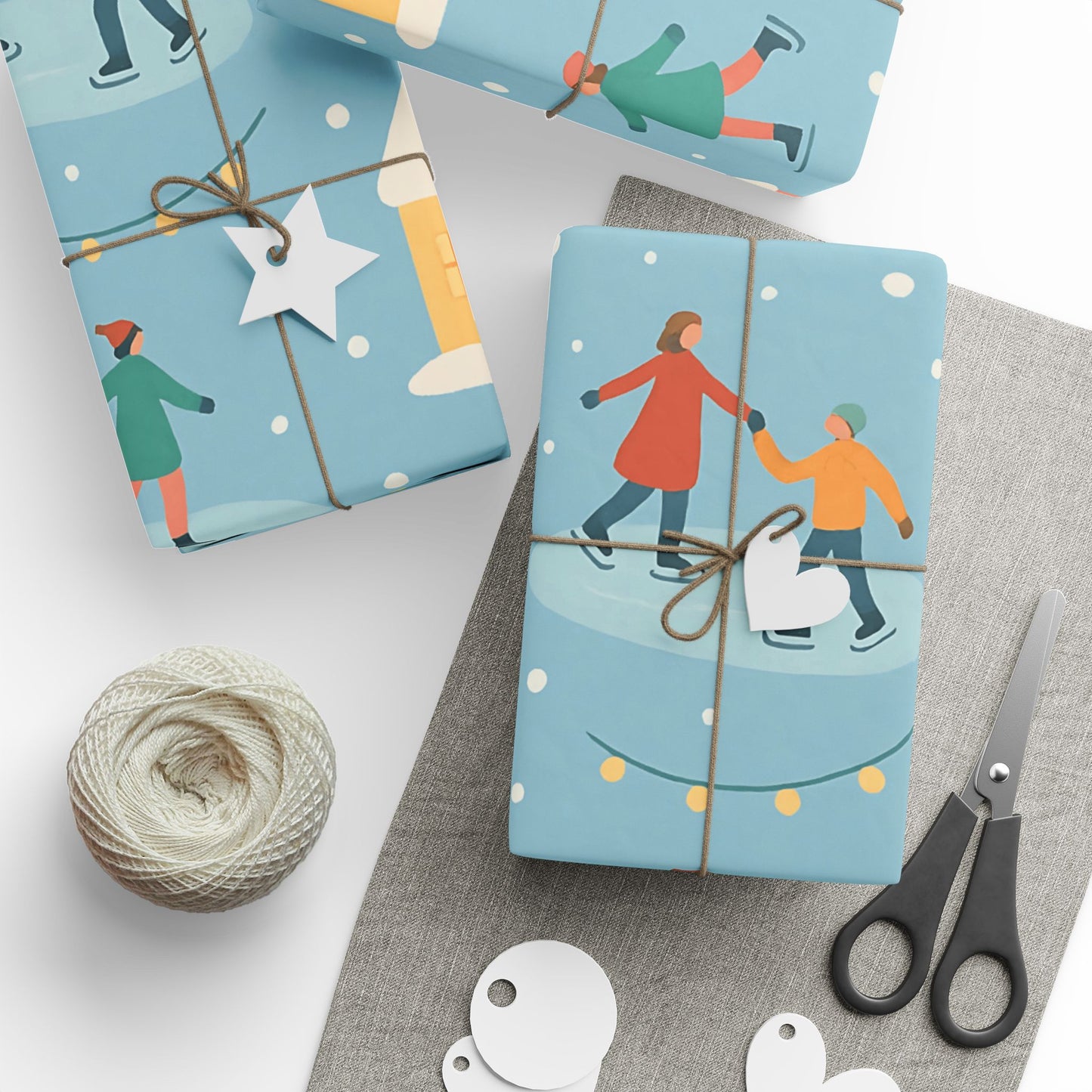 Pastel Winter Village Wrapping Paper with Ice Skaters – Holiday Gift Wrap in Matte or Glossy