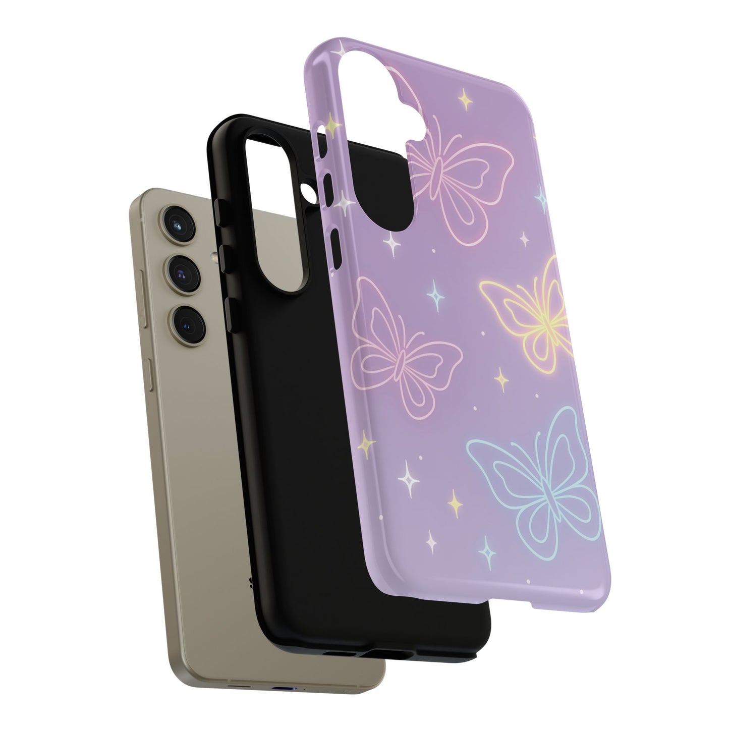 Pastel Butterfly Dream Phone Case – Purple Neon Glow with Stars