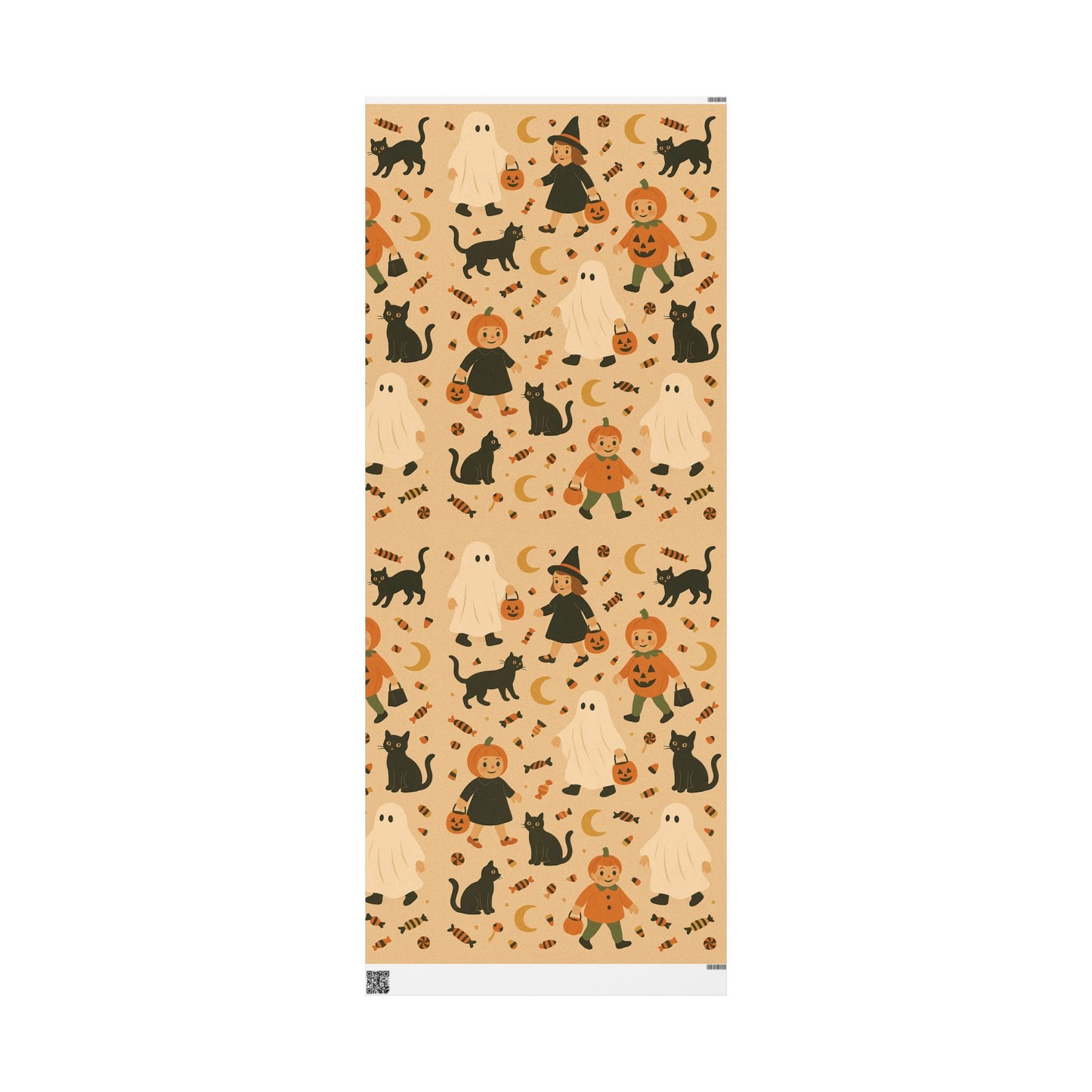 Vintage Halloween Wrapping Paper – Cute Ghosts, Witches, and Black Cats on Parchment Background