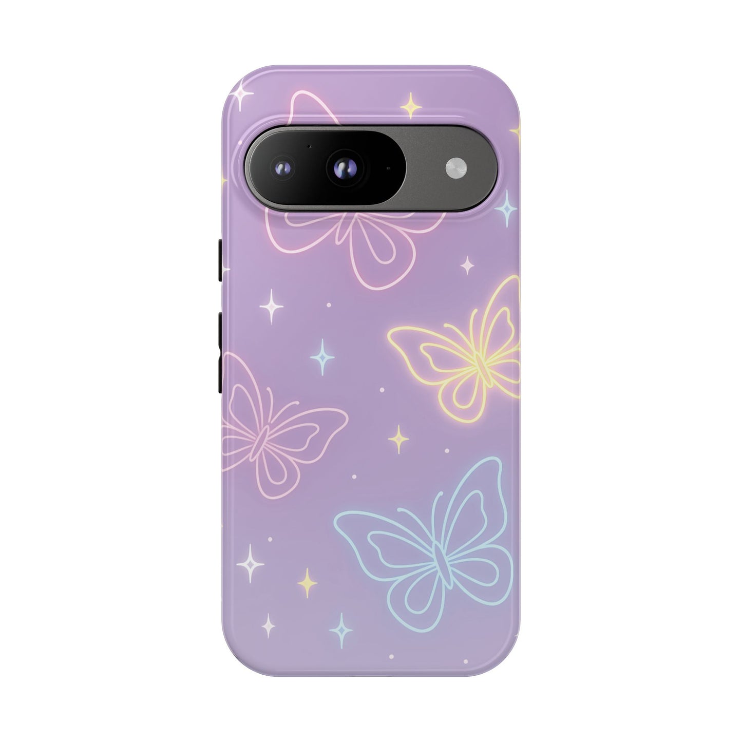 Pastel Butterfly Dream Phone Case – Purple Neon Glow with Stars
