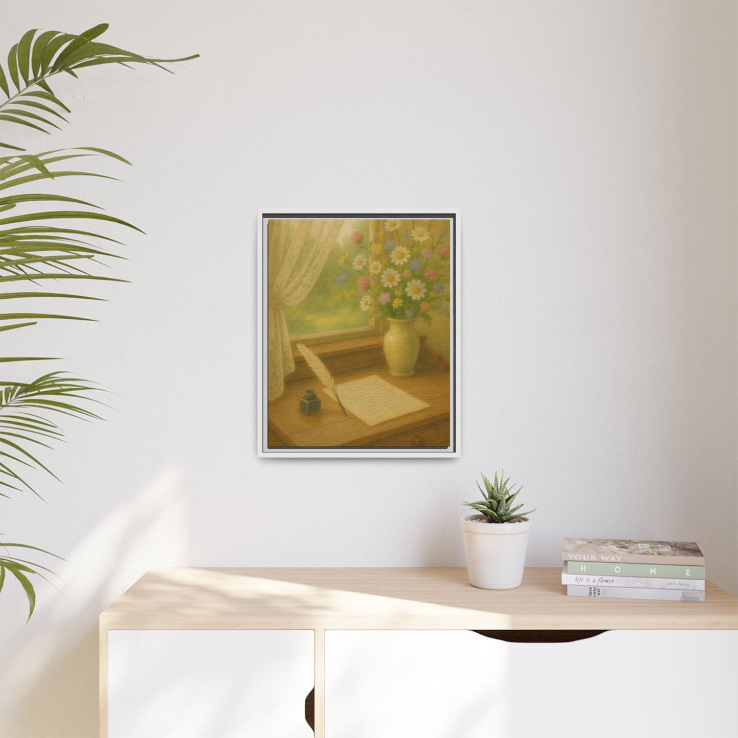 Sunlit Writing Desk – Framed Matte Canvas Art of Quill, Flowers & Lace Window