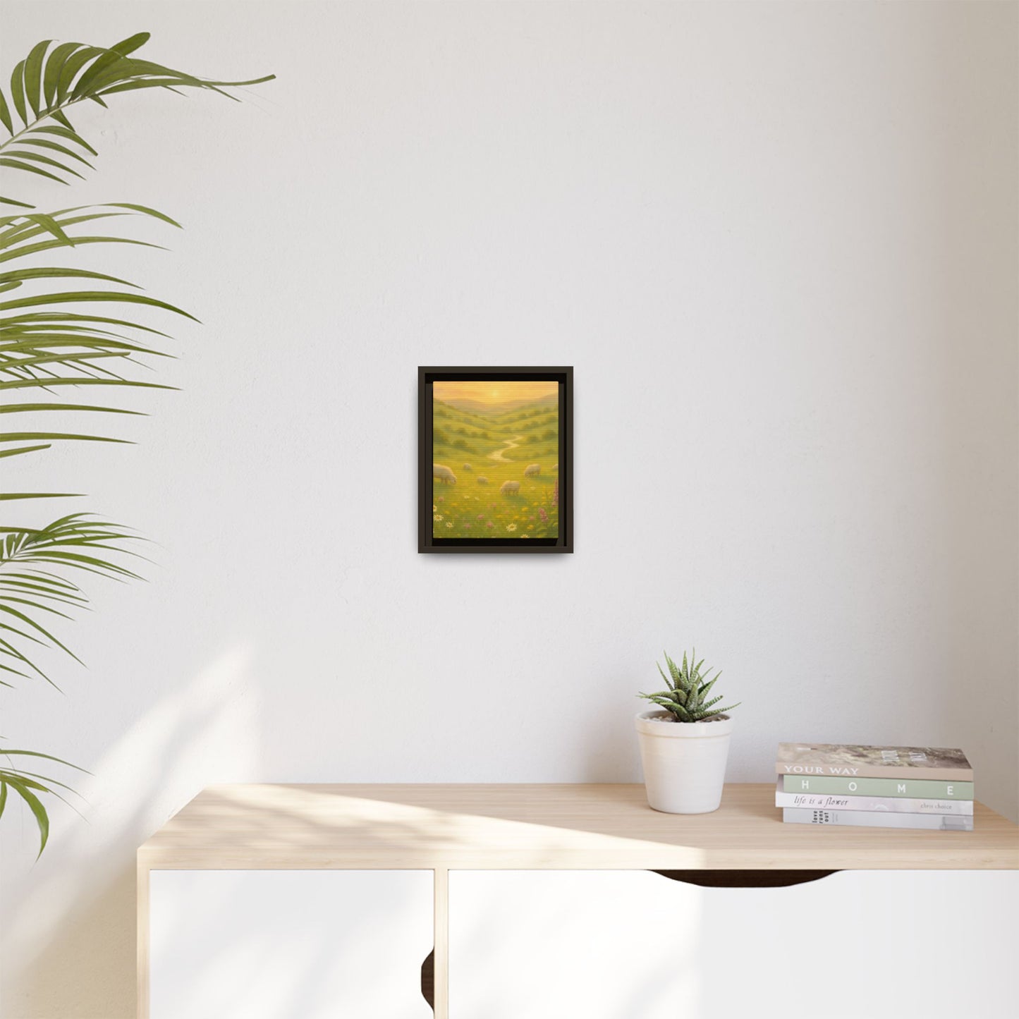 Golden Meadow Sunrise – Framed Matte Canvas Pastoral Landscape Art