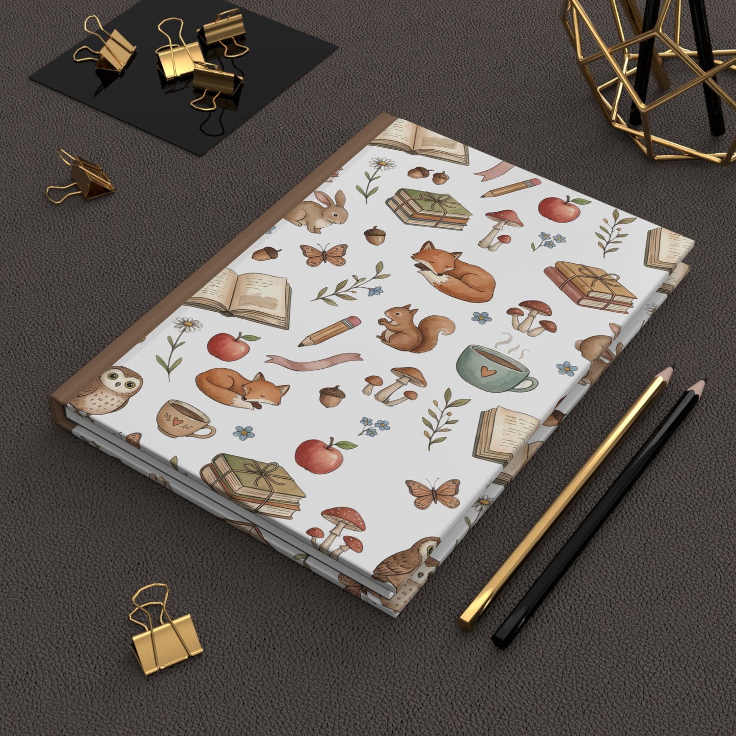 Woodland Cozy Hardcover Journal — Cute Fox, Squirrel & Tea Pattern