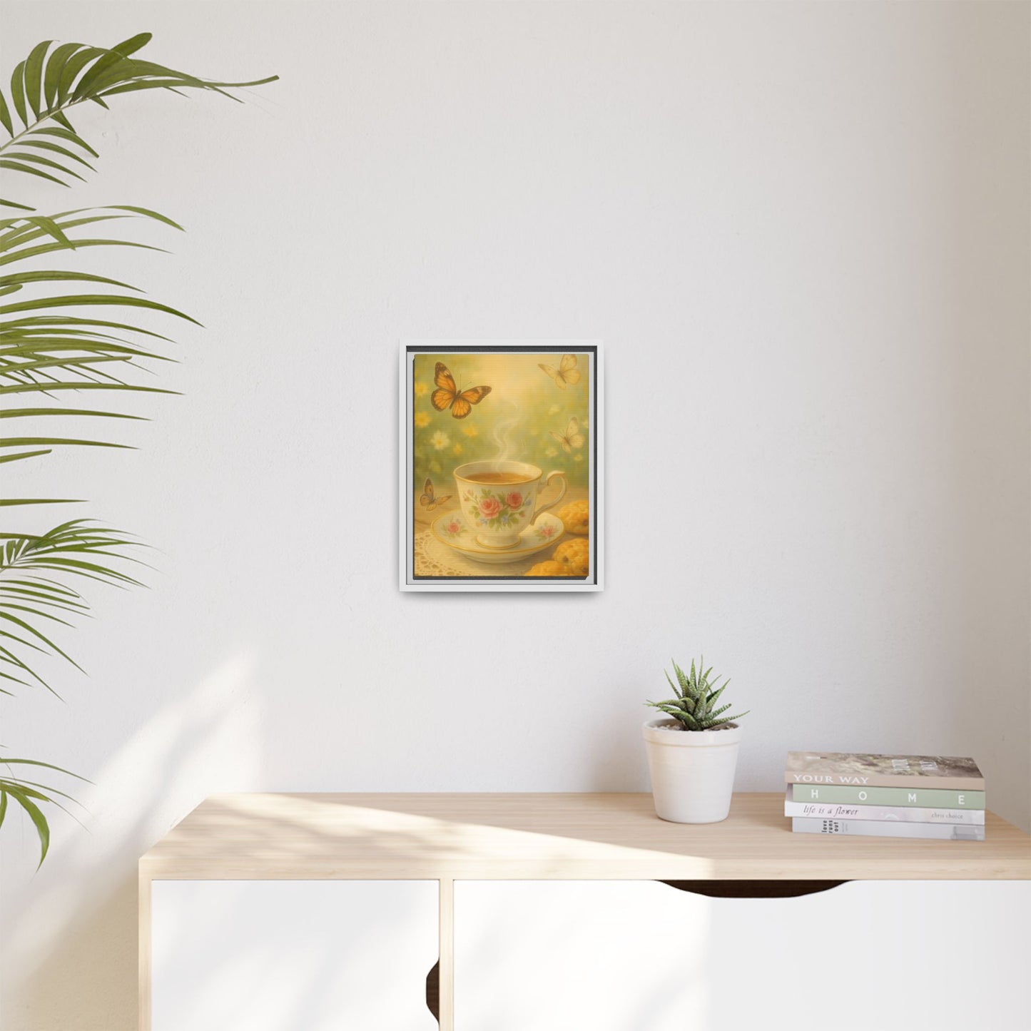 Tea & Butterflies – Framed Matte Canvas of Vintage Teacup and Garden Scene