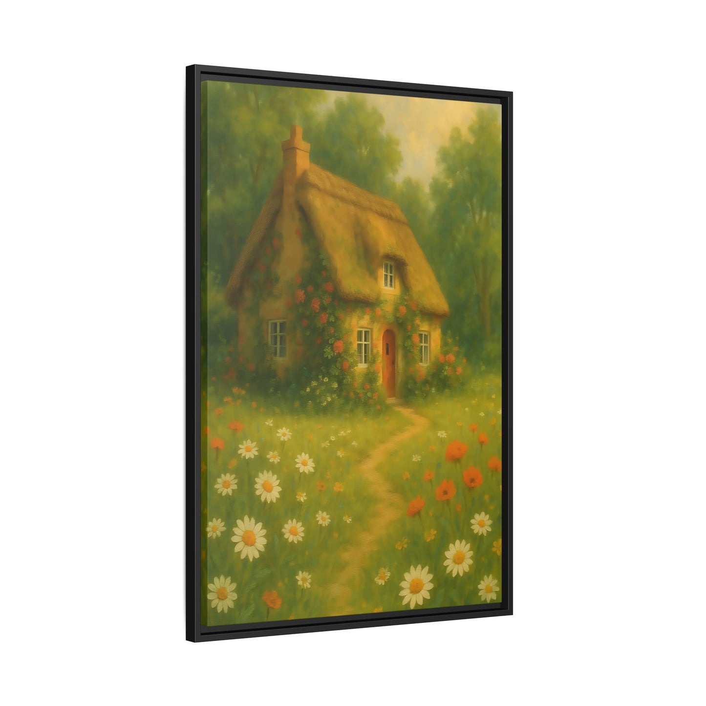 Cottage in Bloom – Framed Matte Canvas Art of Thatched Cottage & Wildflowers