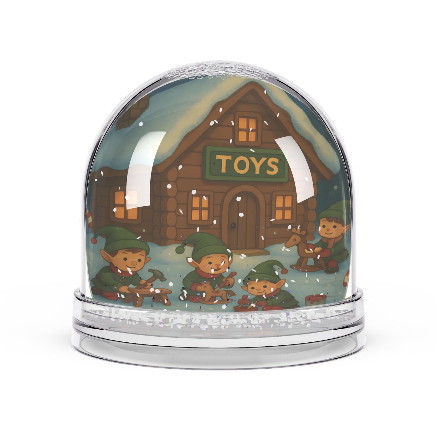 Santa’s Workshop Snow Globe – Elf Toy-Making Scene with Two-Sided Winter Design