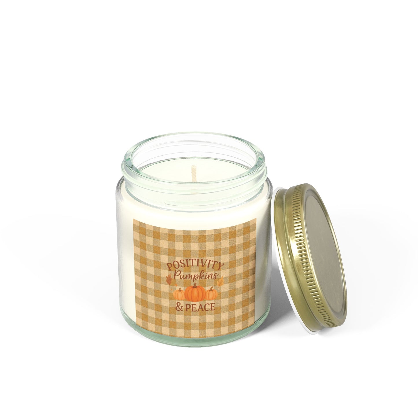 Positivity Pumpkins & Peace Candle - Fall Scented Coconut Apricot Wax Candle in Gingham Jar, Eco-Friendly Autumn Gift, 4oz or 9oz