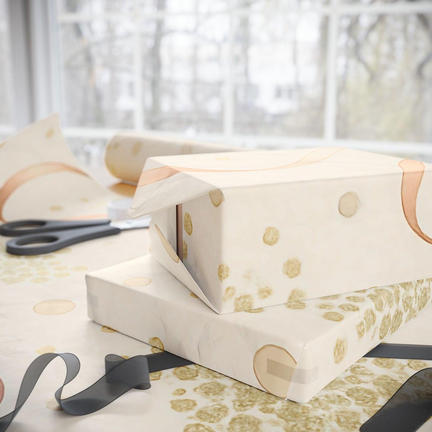 Elegant Gold Confetti & Ribbon Wrapping Paper – Luxurious Gift Wrap in Glossy or Matte Finish