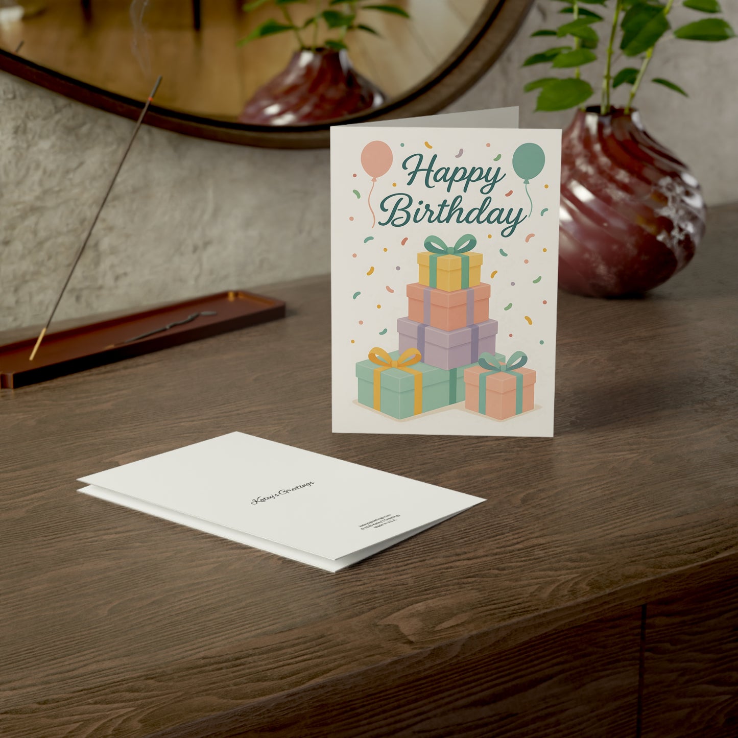 Blank Inside Happy Birthday Card with Pastel Gift Stack, Balloons & Confetti