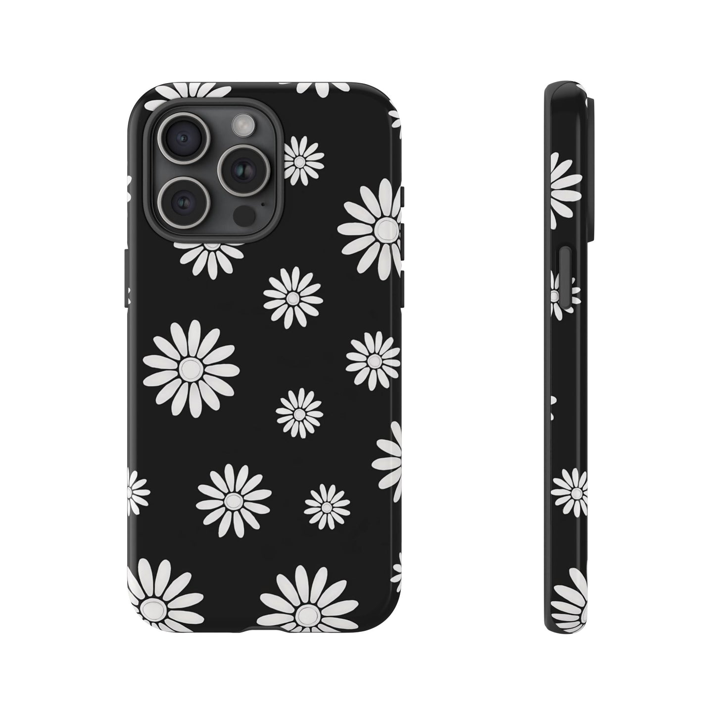 Retro Black & White Daisy Phone Case – Bold Floral Pattern with 3D Wrap Design