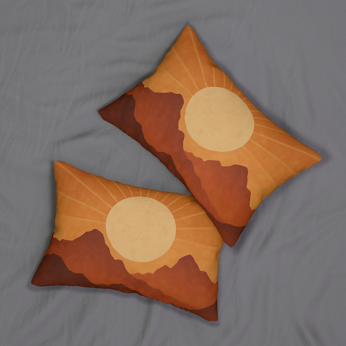 Boho Mountain Sunrise Lumbar Pillow – Earthy Desert Sun Throw Pillow with Double-Sided Print