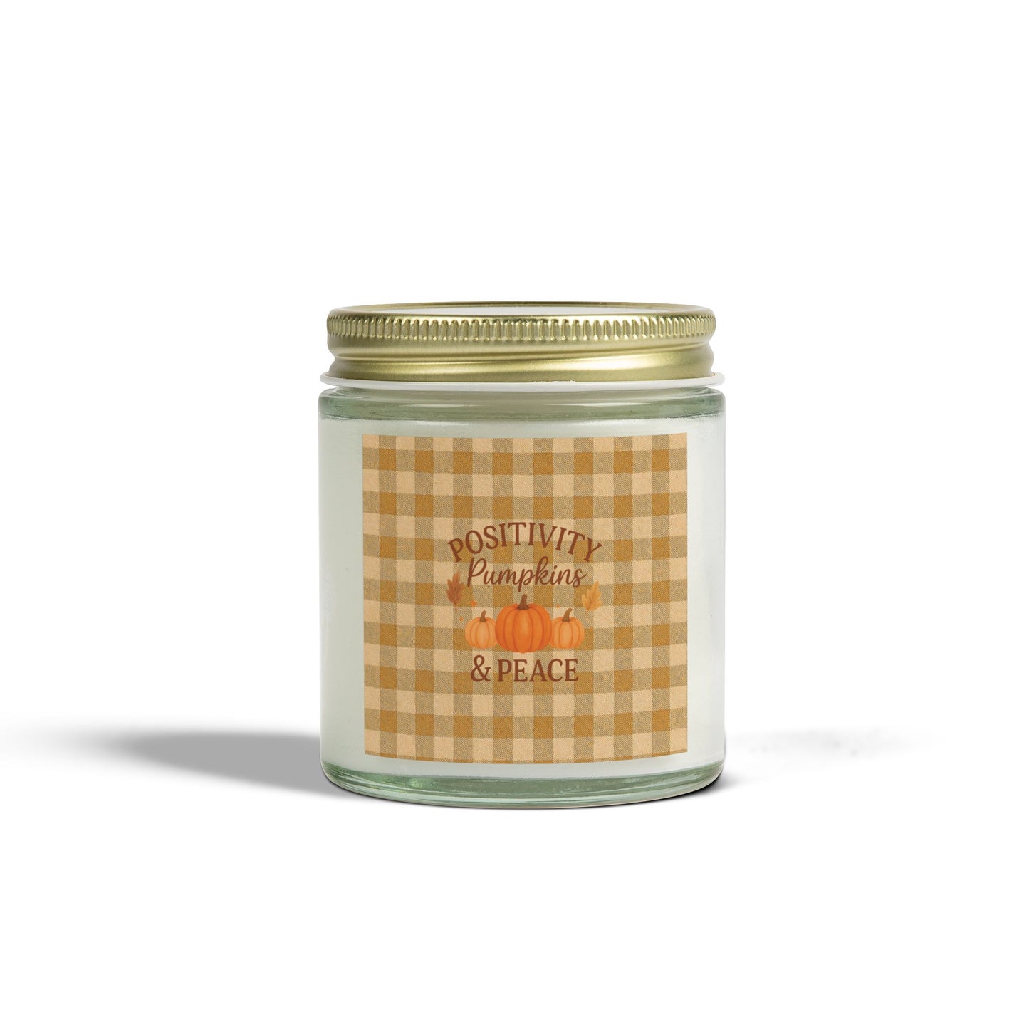 Positivity Pumpkins & Peace Candle - Fall Scented Coconut Apricot Wax Candle in Gingham Jar, Eco-Friendly Autumn Gift, 4oz or 9oz