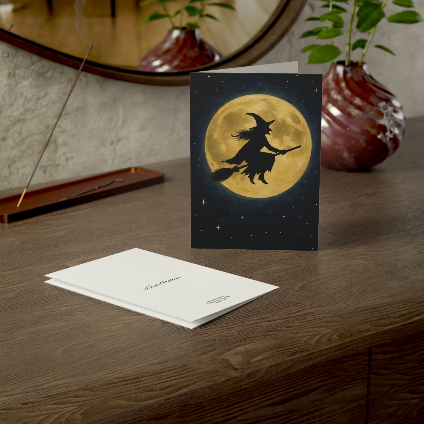 Halloween Card – Witch Flying Across the Full Moon – Premium 270gsm Greeting Card + Envelope