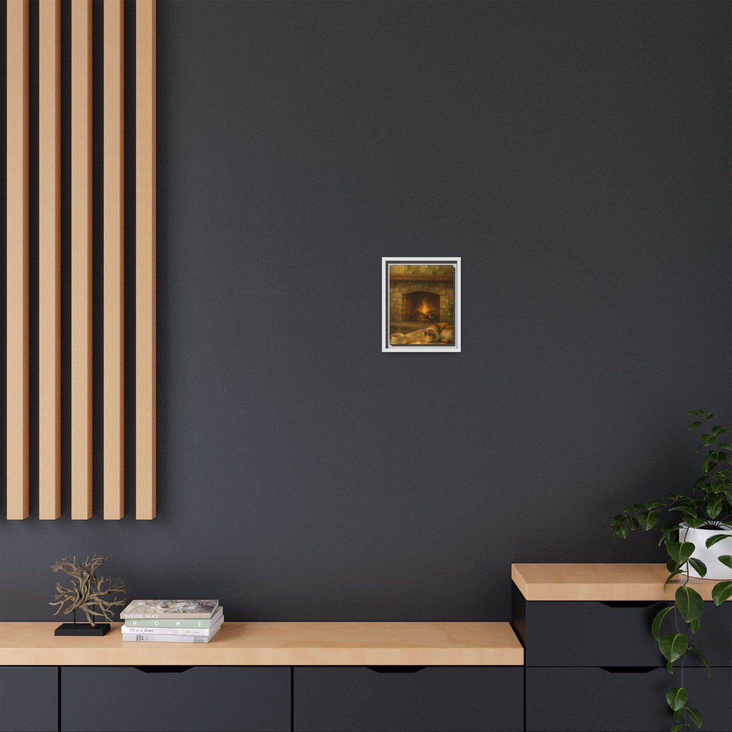 Hearthside Comfort – Framed Matte Canvas with Cat, Fireplace & Tea