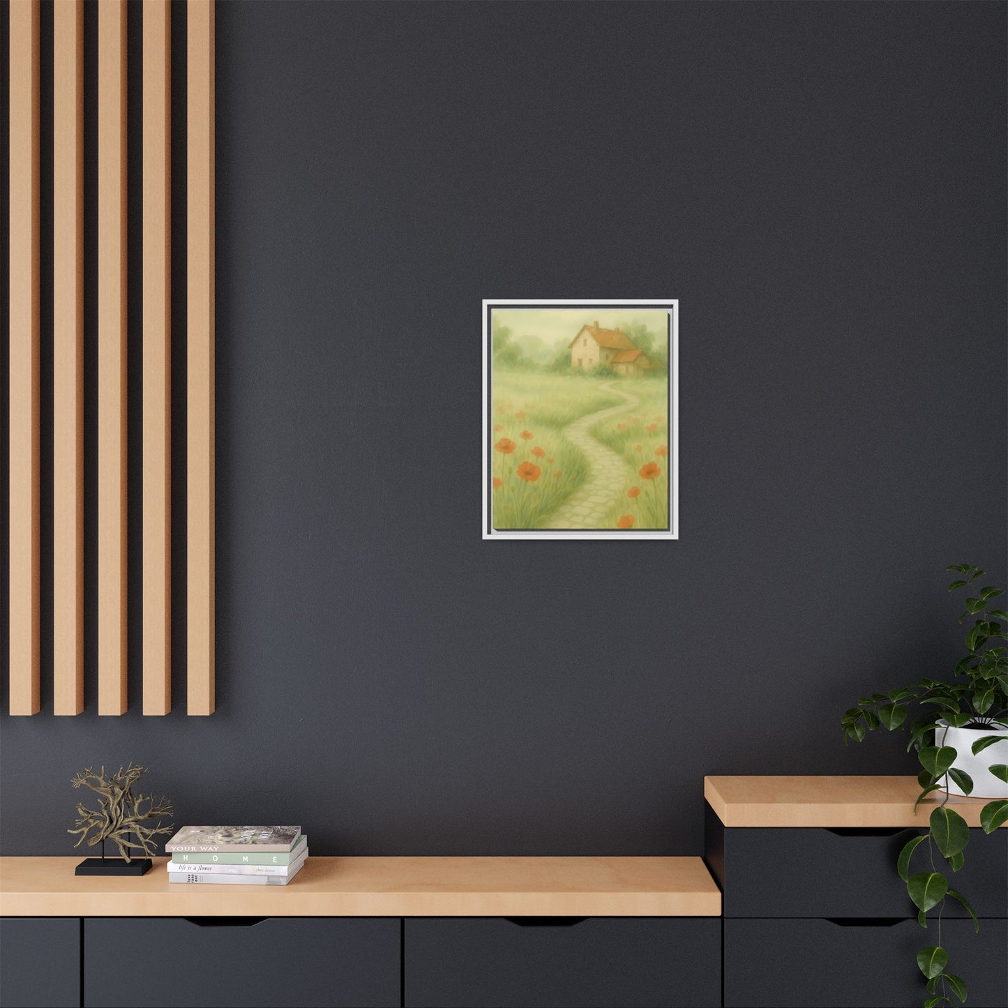 Poppy Path to Home – Framed Matte Canvas of Cottage & Flower Field Landscape