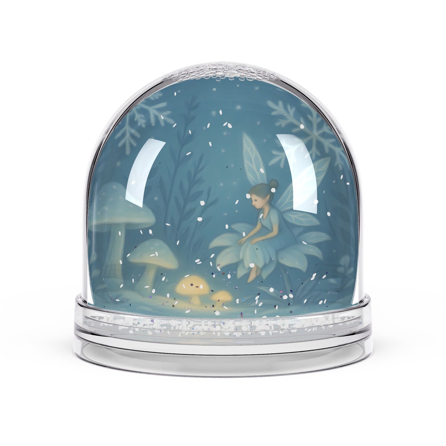 Enchanted Winter Fairy Snow Globe – Magical Forest Scene with Mushrooms & Sparkle