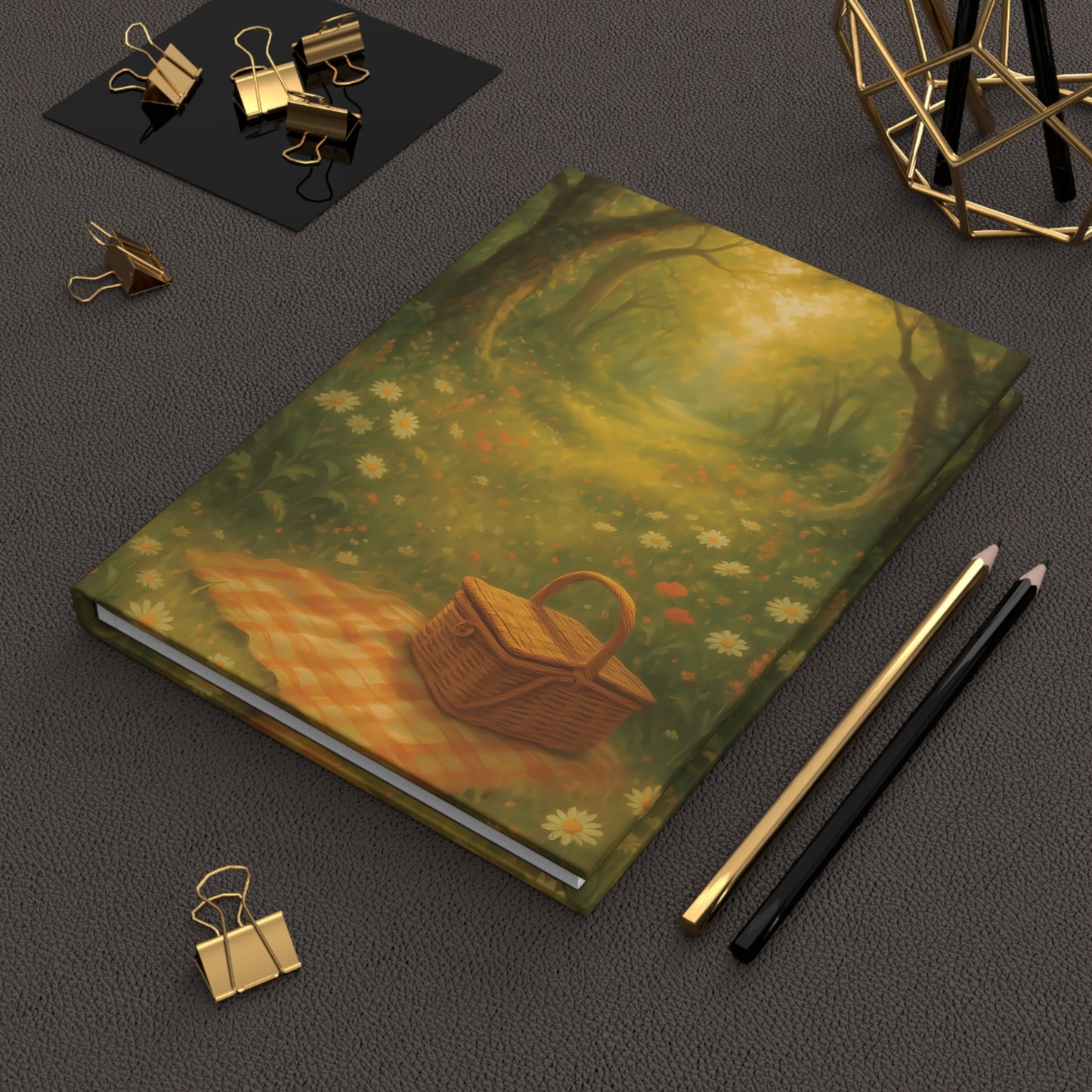 Golden Picnic Path Hardcover Journal – Whimsical Forest & Basket-Inspired Notebook