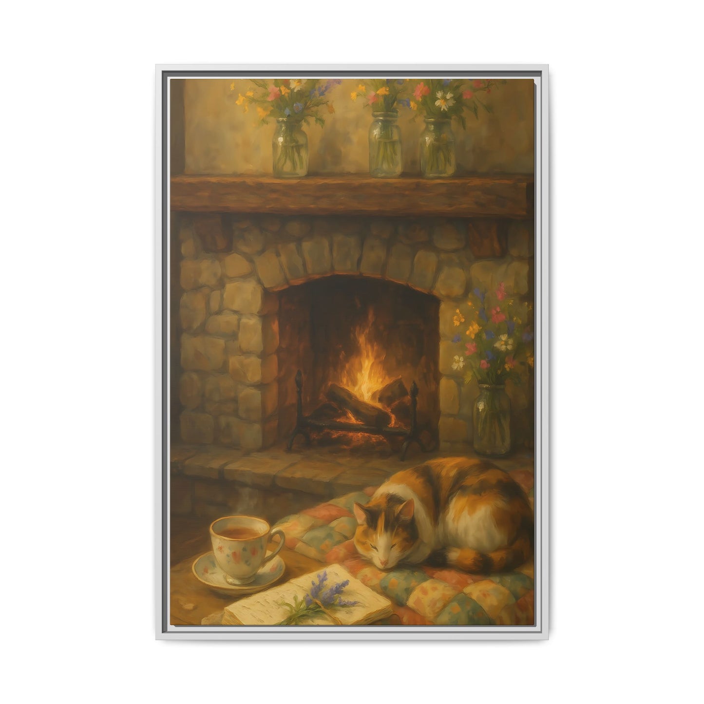 Hearthside Comfort – Framed Matte Canvas with Cat, Fireplace & Tea
