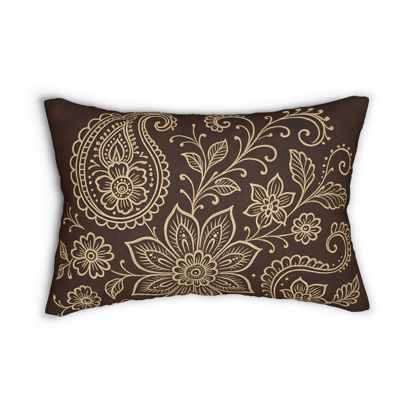 Boho Paisley Floral Lumbar Pillow – Brown & Beige Decorative Cushion