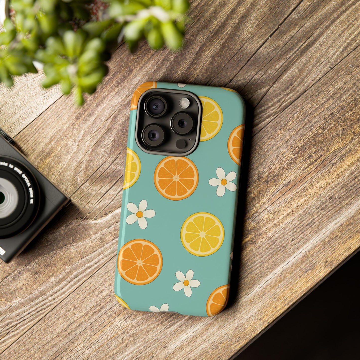 Citrus Bloom Phone Case – Orange, Lemon & Daisy Pattern on Teal