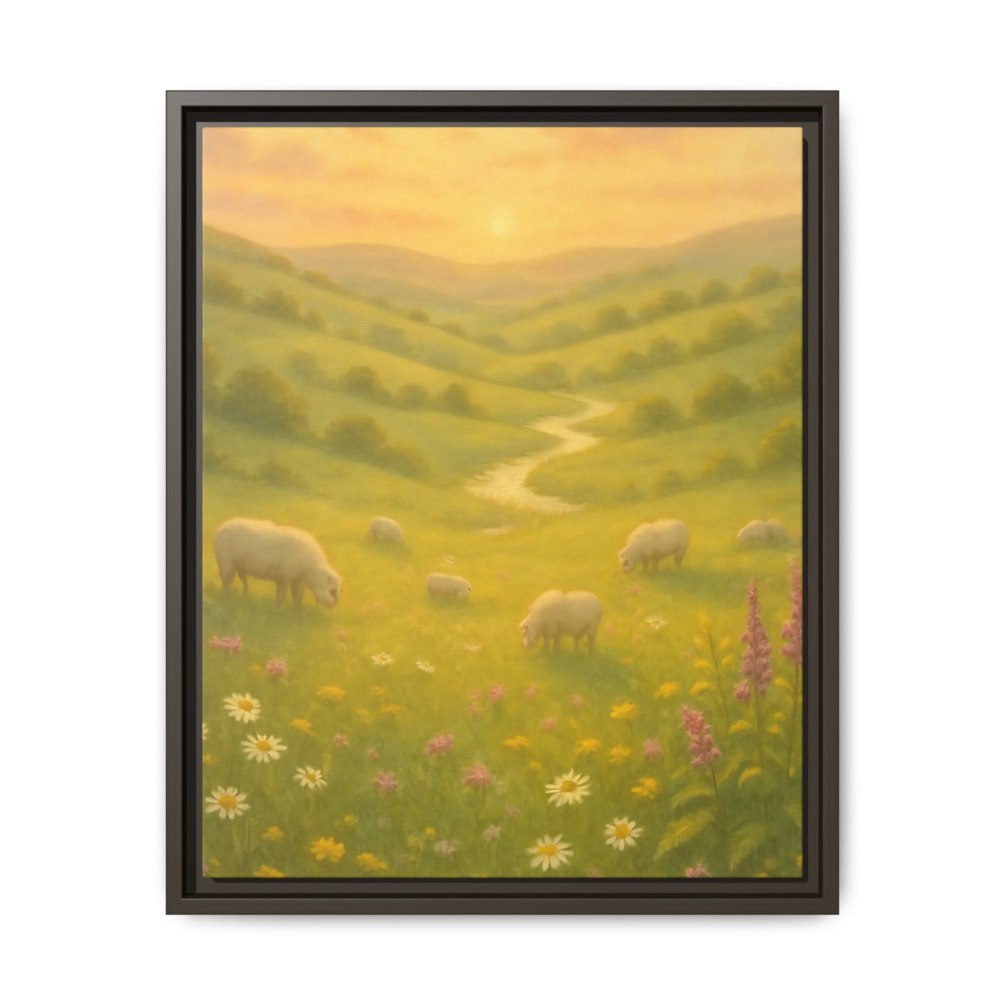 Golden Meadow Sunrise – Framed Matte Canvas Pastoral Landscape Art