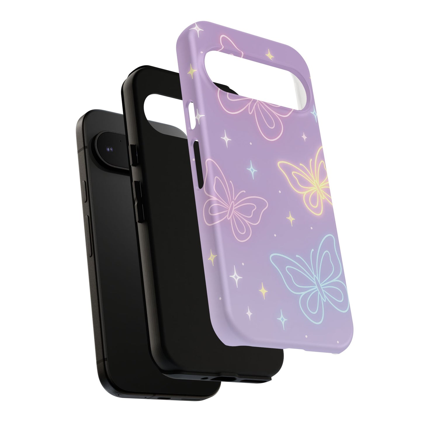 Pastel Butterfly Dream Phone Case – Purple Neon Glow with Stars