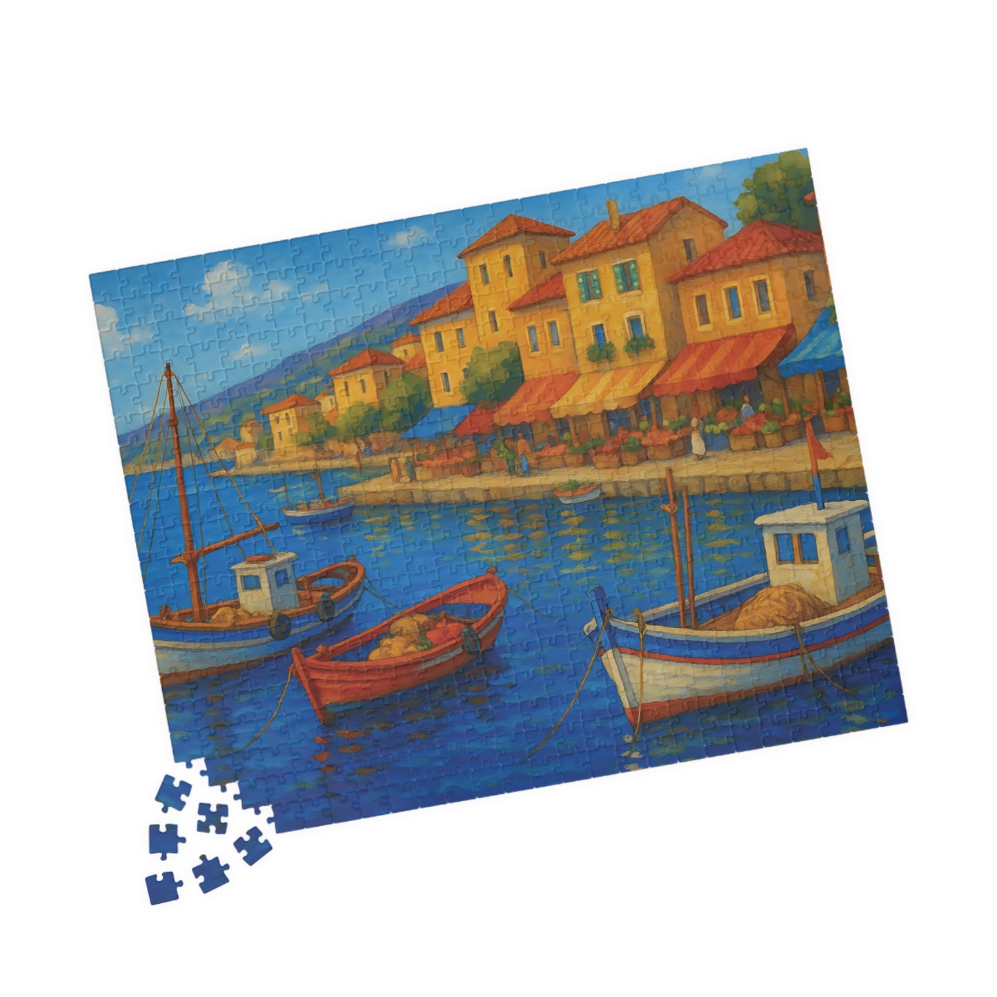 Mediterranean Harbor Jigsaw Puzzle – Colorful Coastal Village with Fishing Boats