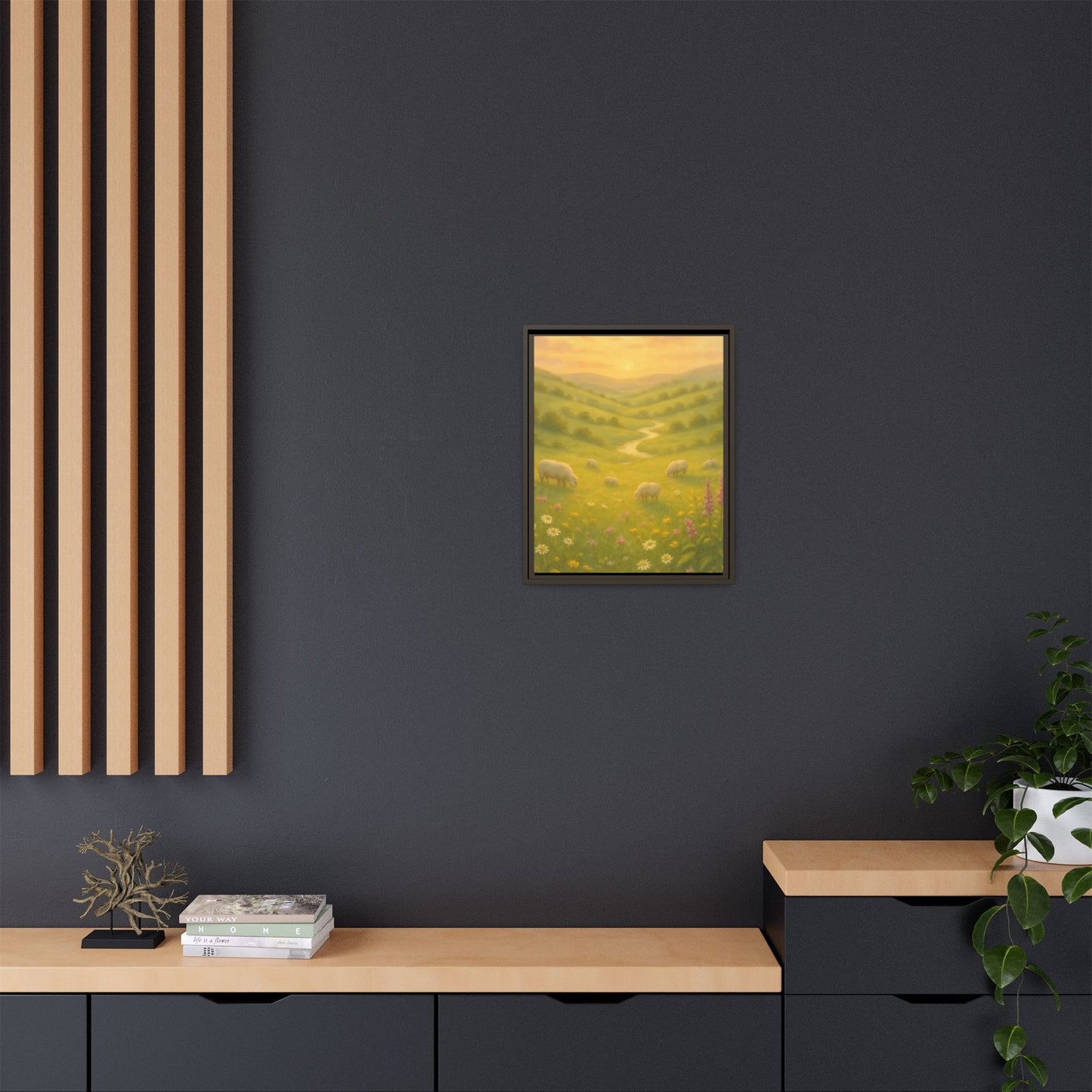 Golden Meadow Sunrise – Framed Matte Canvas Pastoral Landscape Art