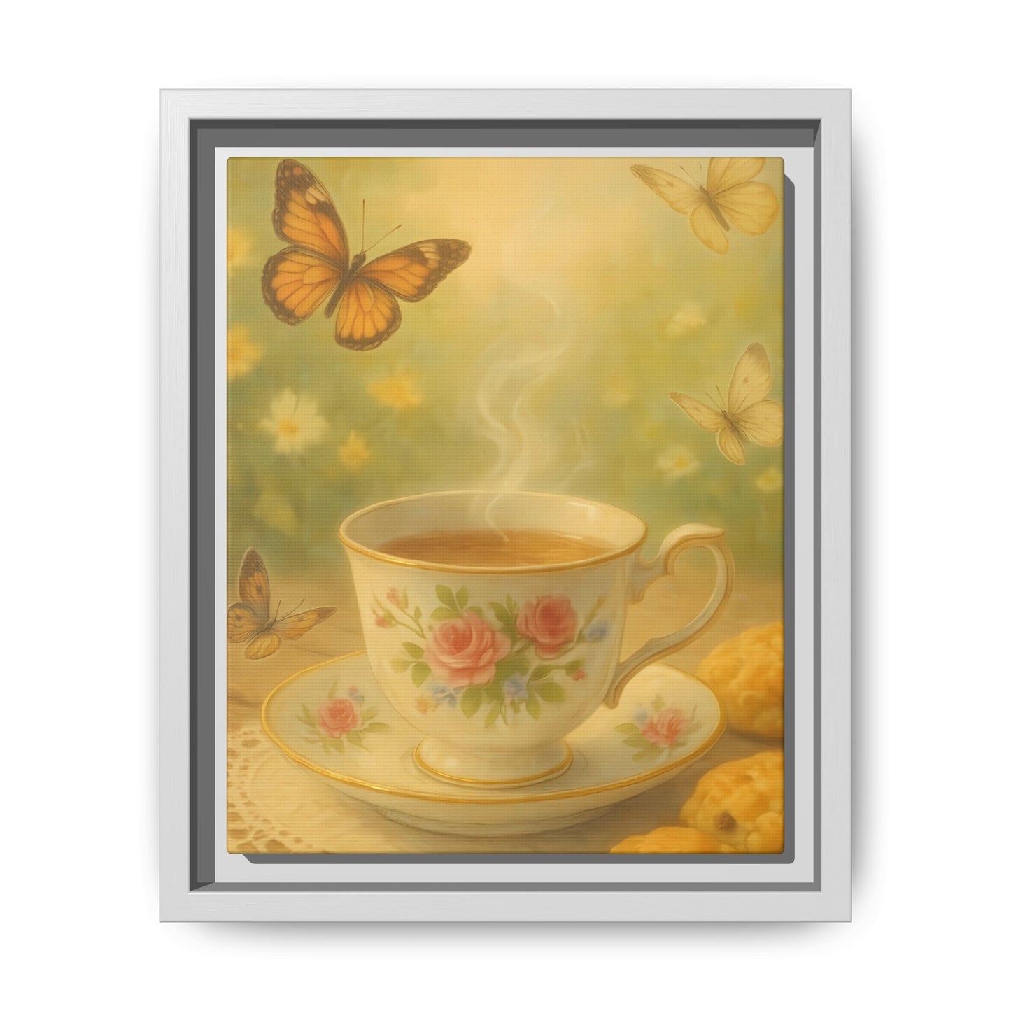 Tea & Butterflies – Framed Matte Canvas of Vintage Teacup and Garden Scene