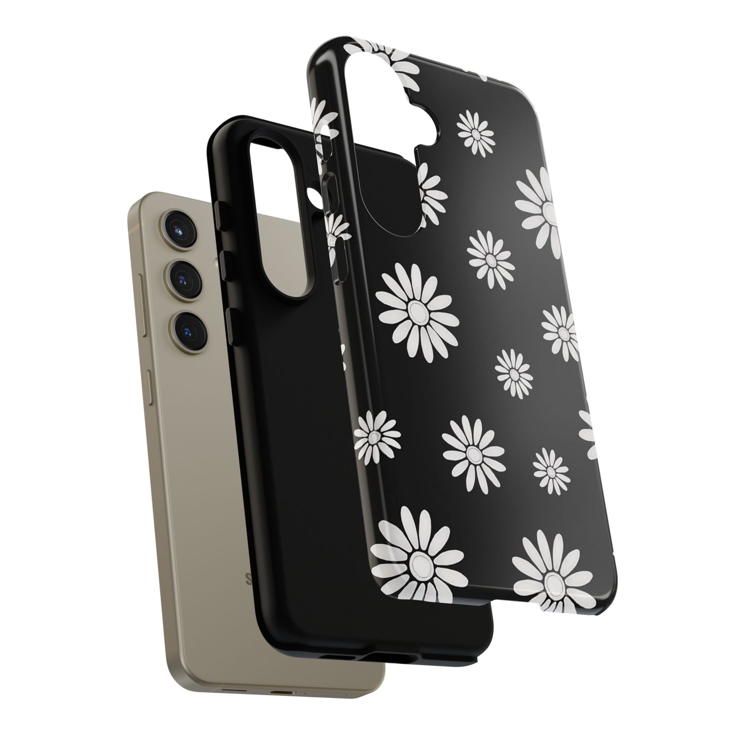 Retro Black & White Daisy Phone Case – Bold Floral Pattern with 3D Wrap Design